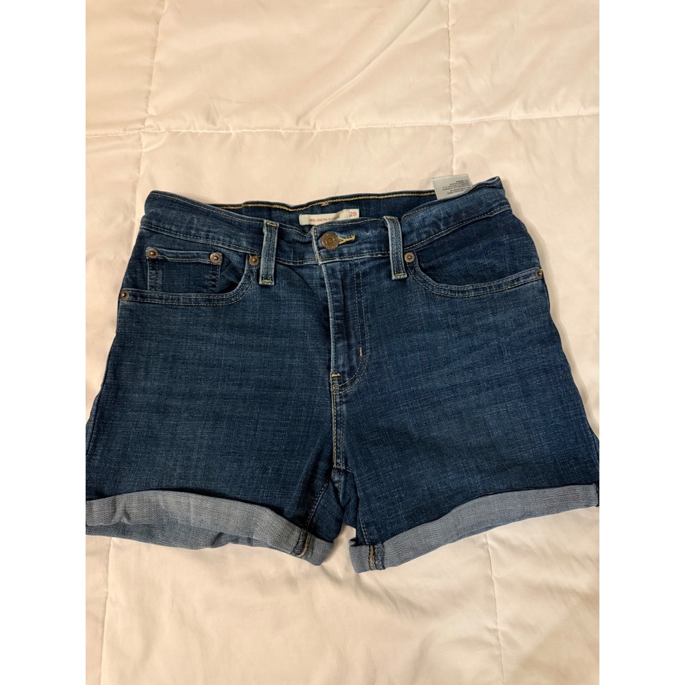 Levis Women Mid Length Denim Shorts Dark Wash Cuffed Size 28 Indigo Blue